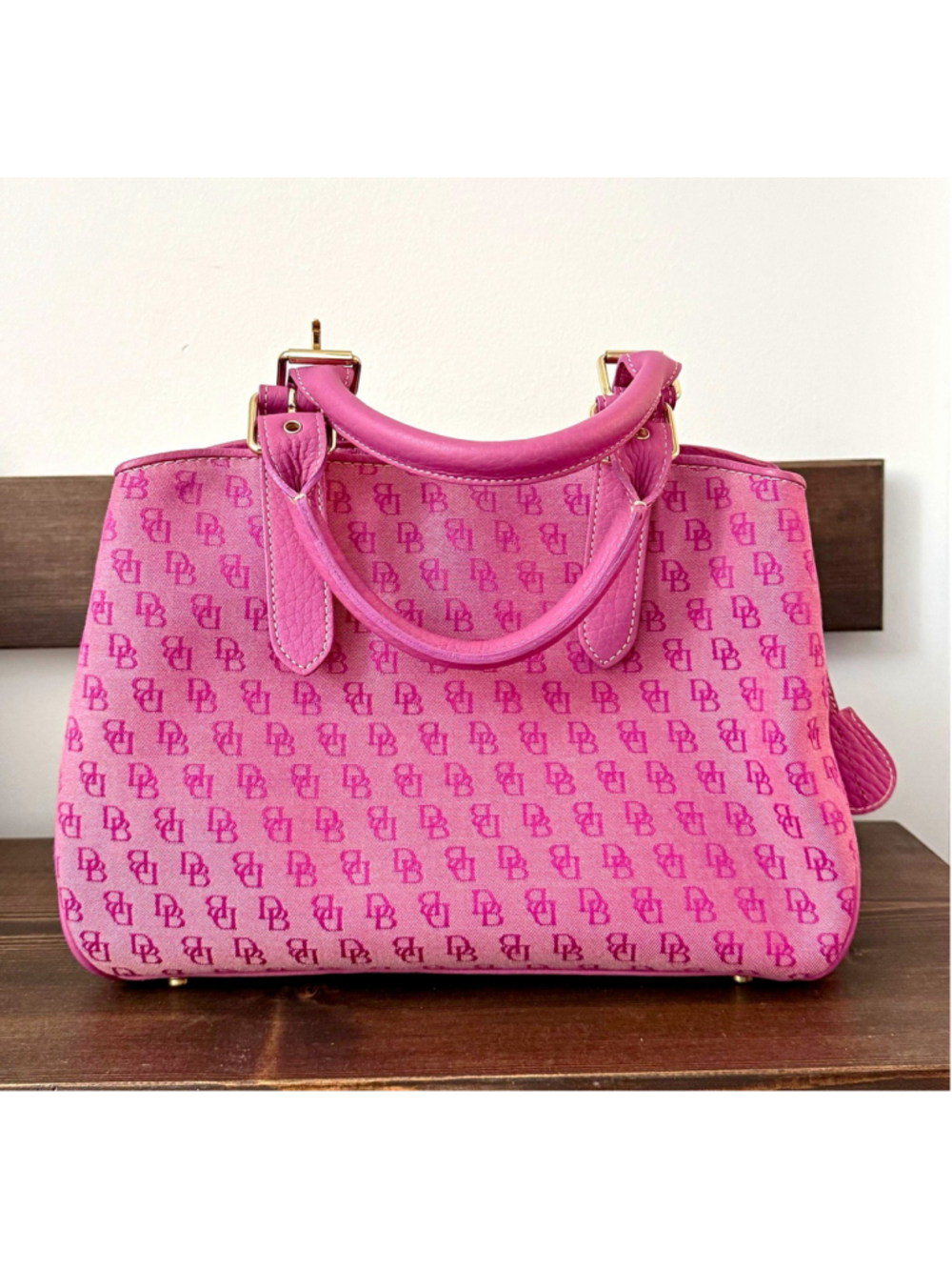 Dooney & Bourke Pink Monogram Satchel Top Handle Zip Bag Gold Hardware Studs Y2K